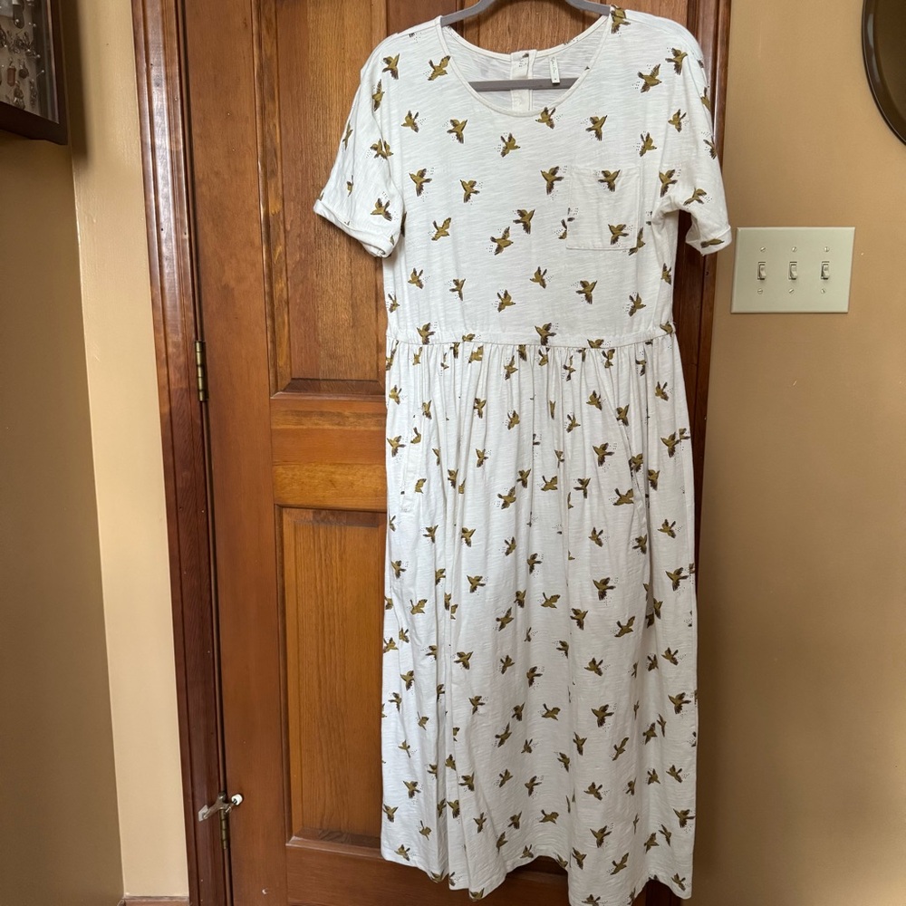 Rylee + Cru cream & brown bird print short sleeve dress, size medium